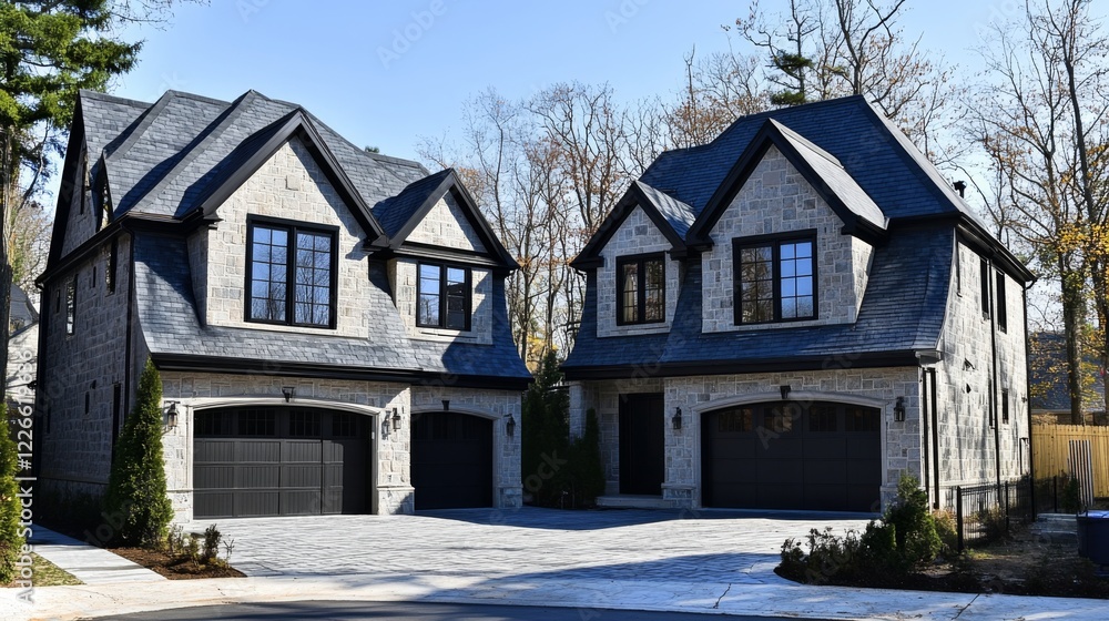 Poster a newly built pair of twin homes with separate garages and identical architectural features, capture
