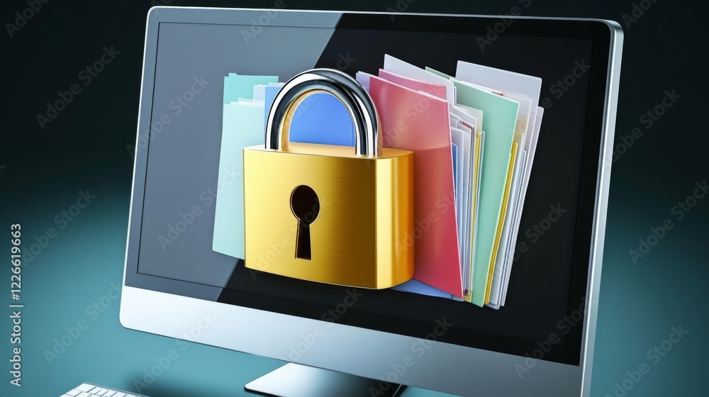Poster a padlock over a computer screen showing files and data, representing secure data storage and encryp