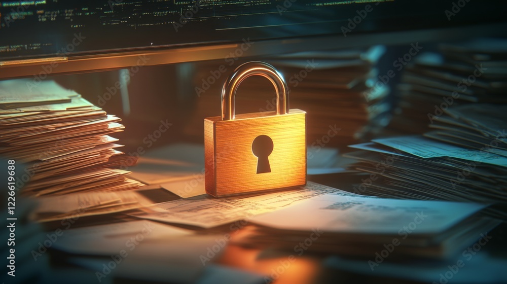 Fototapete a padlock over a computer screen showing files and data, representing secure data storage and encryp
