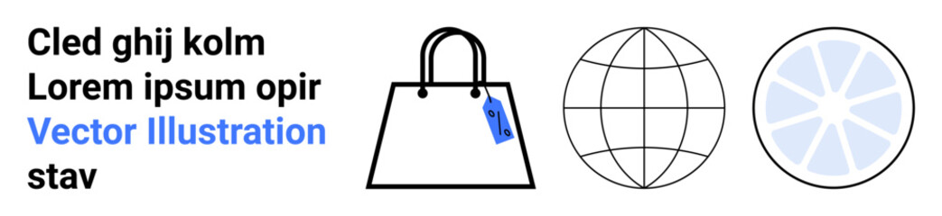 Obraz premium Handbag with price tag, globe, and pie chart visualizing commerce, globalization, data, shopping, networking, trade and analysis. Ideal for retail e-commerce business and flat landing page banner