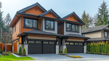 A newly built pair of twin homes with separate garages and identical architectural features, captured during daylight.