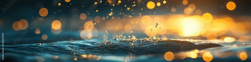 Poster a serene scene of water droplets splashing, illuminated by golden bokeh lights, creating a tranquil 