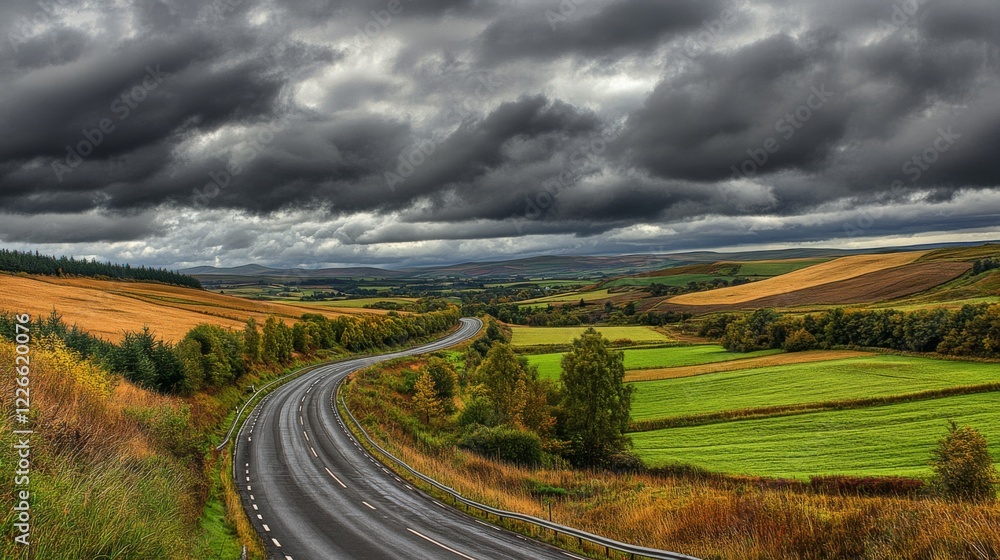 Poster A panoramic view of a motorway cutting through a rural area, bordered by fields and trees under a cloudy sky.