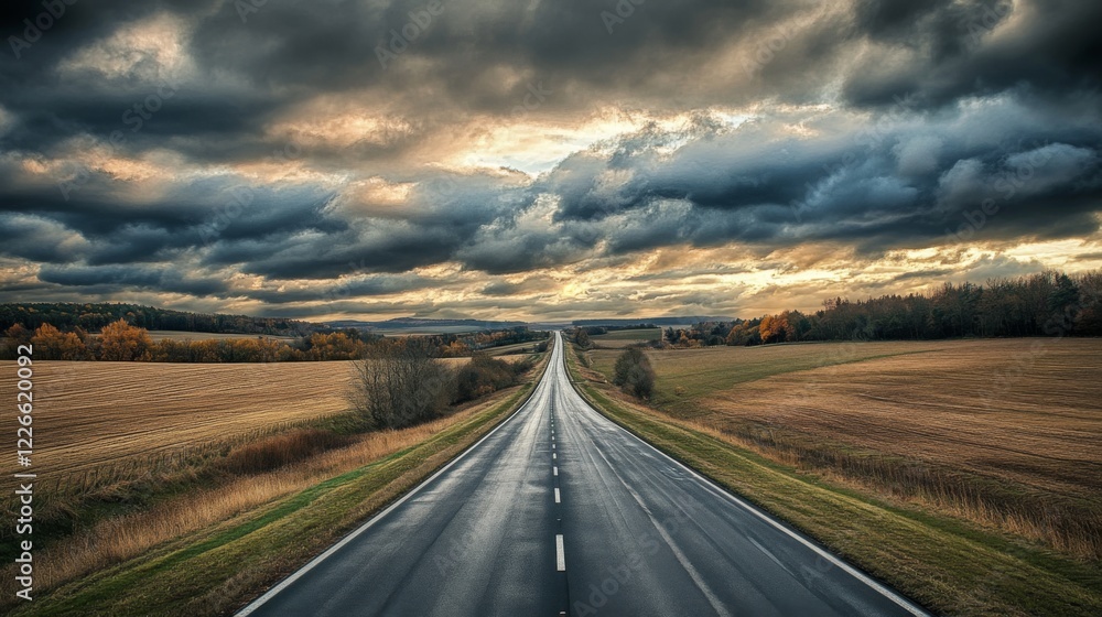 Poster A panoramic view of a motorway cutting through a rural area, bordered by fields and trees under a cloudy sky.