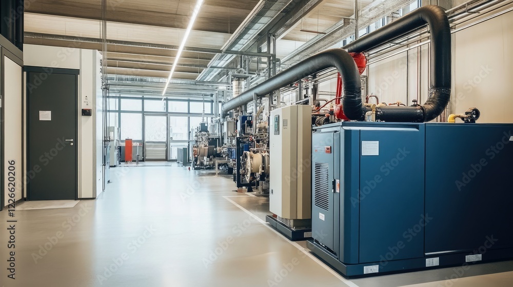 Poster wide-angle shot of a factory with a powerful backup generator unit stationed nearby for uninterrupte