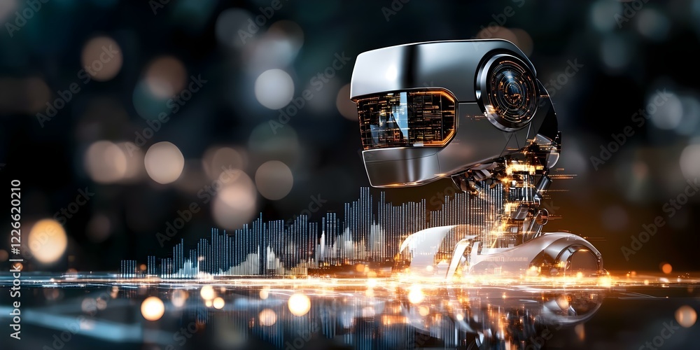 Poster a futuristic robot head with a sleek design and glowing elements, set against a backdrop of digital 
