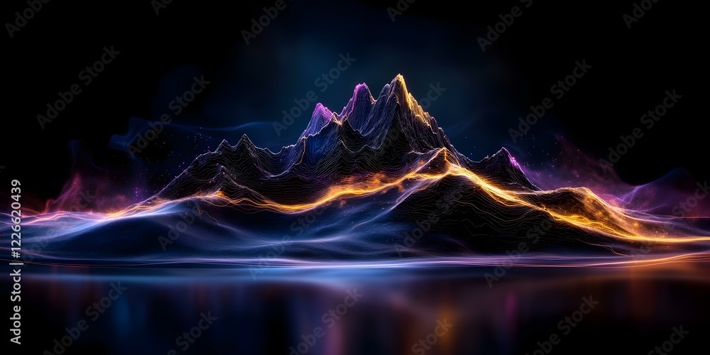 Poster a vibrant, abstract interpretation of mountains with flowing colors and illuminated lines against a 