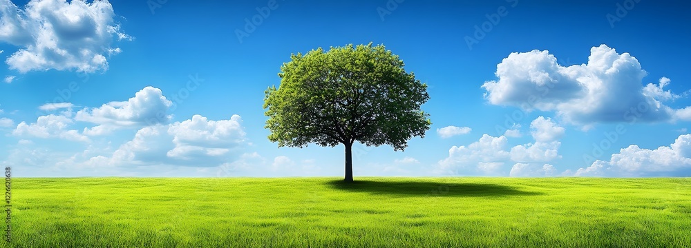 Poster a lone tree standing tall in the middle of an empty grassy field
