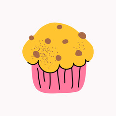 Muffin with chocolate pieces in paper pink form on light background, cute hand drawn illustration, drawing, flat style