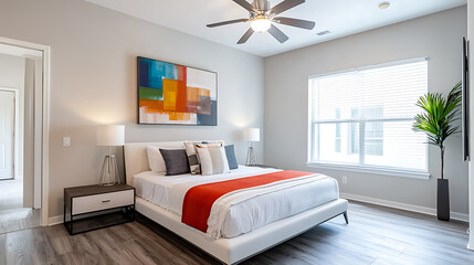 Modern bedroom design cozy apartment interior photography bright space wide angle tranquil atmosphere