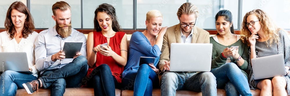 Poster diverse group of people using laptops and tablets. diverse busines people engaged with technology, s