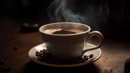 Fototapeta premium Steam Rising Aromatic Hot Coffee Cup Beans Dark Mug Warm Cozy Cafe Food Life Drink Brown Relax Roast