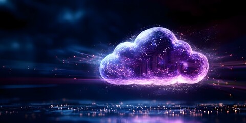 A digital cloud symbol with glowing effects, representing technology and data, set against a blurred, futuristic background. Concept Digital Cloud Icon, Glowing Effects, Technology Representation
