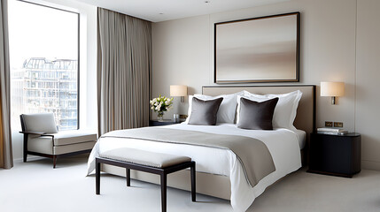 Elegant hotel bedroom design urban cityscape interior photography modern bright relaxing ambiance