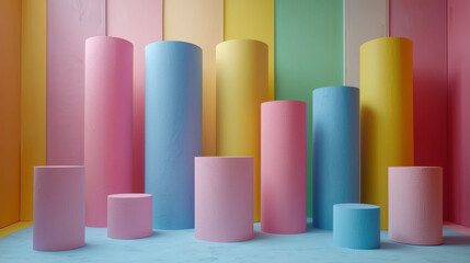 Fototapeta premium Minimalistic pastel colored cylindrical shapes in vibrant setting