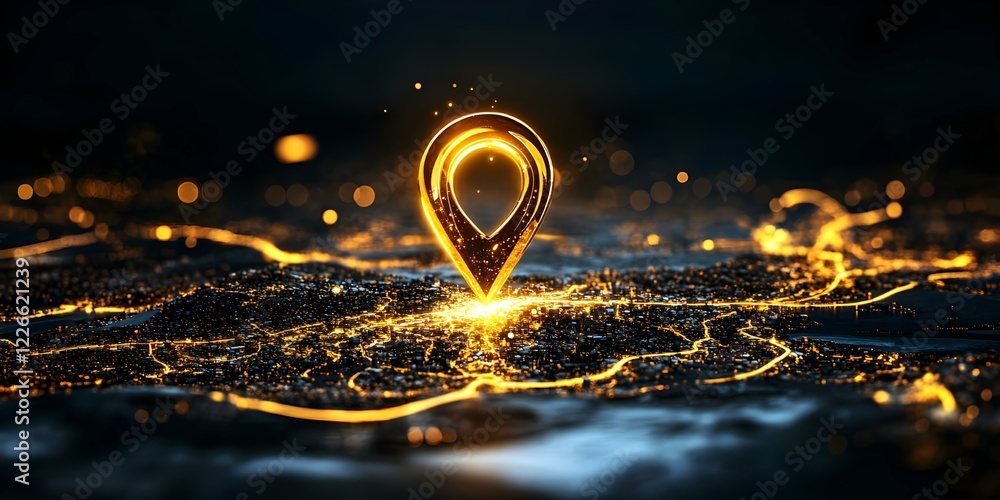Poster a glowing map pin marker over a cityscape, surrounded by a network of light representing connectivit