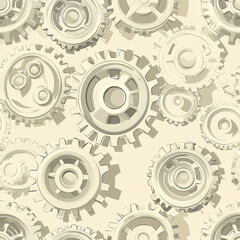 Seamless pattern of gears and cogs in soft beige tones, creating mechanical feel