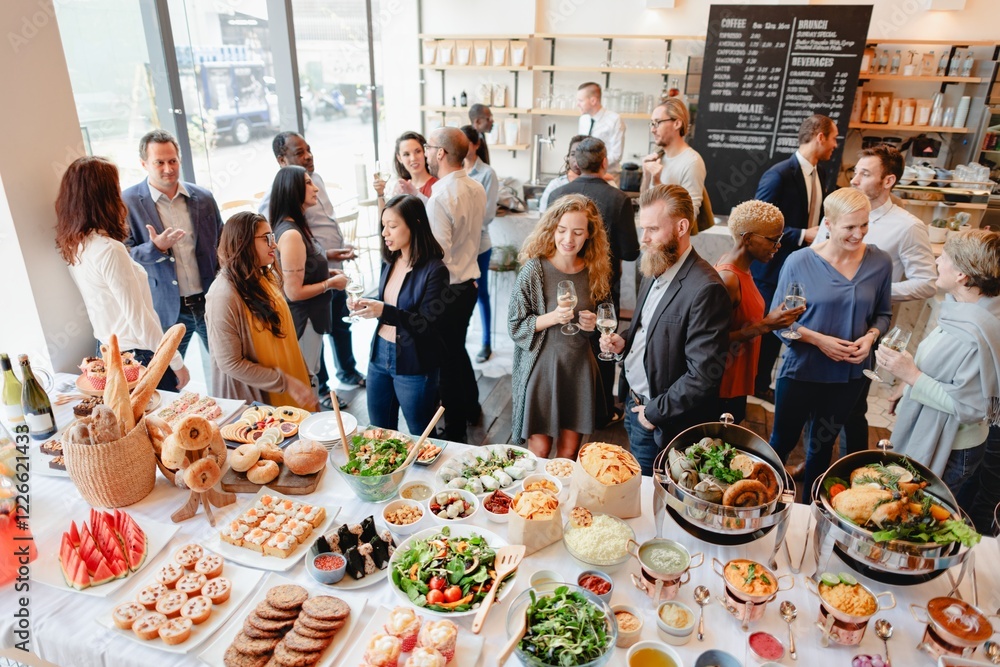 Poster a diverse group of people at a buffet-style gathering, enjoying food and drinks. the event features 