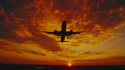 Fototapeta premium A silhouette of a passenger airplane in the sky, descending towards the airport during a colorful sunset, creating a peaceful ambiance.