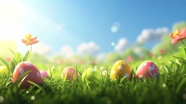 Colorful easter eggs on grassy hills