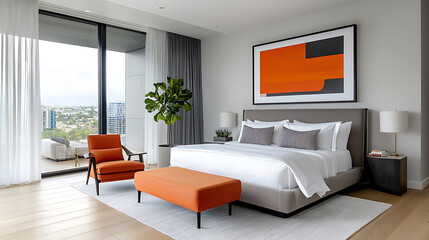 Modern bedroom design showcase urban apartment interior photography contemporary style natural light aesthetic appeal