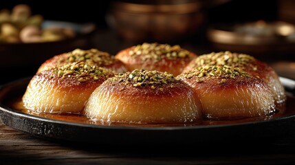 Pistachio-topped desserts on dark wood, kitchen setting