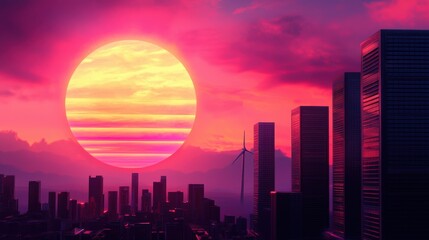 Fototapeta premium clean energy wind marketing concept. Vibrant sunset over a city skyline with tall buildings and a glowing sun.
