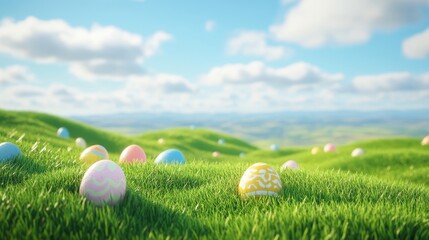 Colorful easter eggs on grassy hills