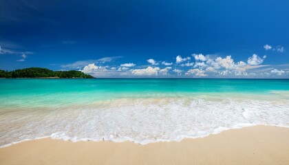 Obraz premium Beautiful tropical beach with palm trees, sunset beach seascape, design template for travel banner.