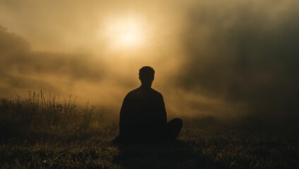 Silhouette of man praying in field at sunrise 