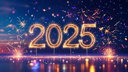 A joyful new year 2025 idea with sparkler 2025 writing and vibrant lighting on a skies background