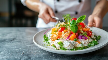 Chef preparing colorful salad, kitchen background