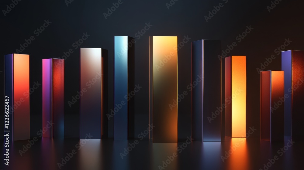 Aufkleber A sleek D bar graph with glossy columns of different heights, set against a dark background, emphasizing data visualization in finance and business.