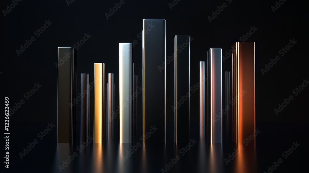 Poster a sleek d bar graph with glossy columns of different heights, set against a dark background, emphasi