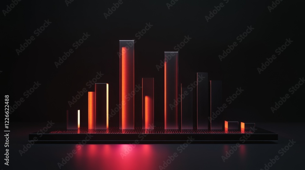 Poster a sleek d bar graph with glossy columns of different heights, set against a dark background, emphasi