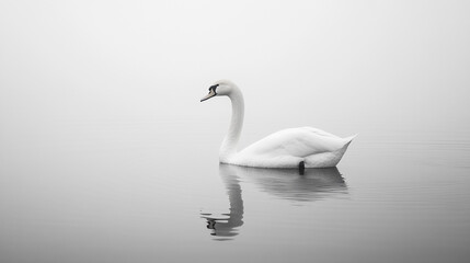 Obraz premium Elegant White Swan Gracefully Swimming Serene Foggy Lake Water Bird Wildlife Nature Photography Calm