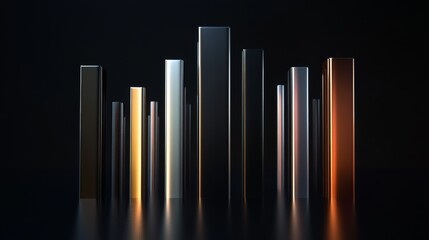 Obraz premium A sleek D bar graph with glossy columns of different heights, set against a dark background, emphasizing data visualization in finance and business.