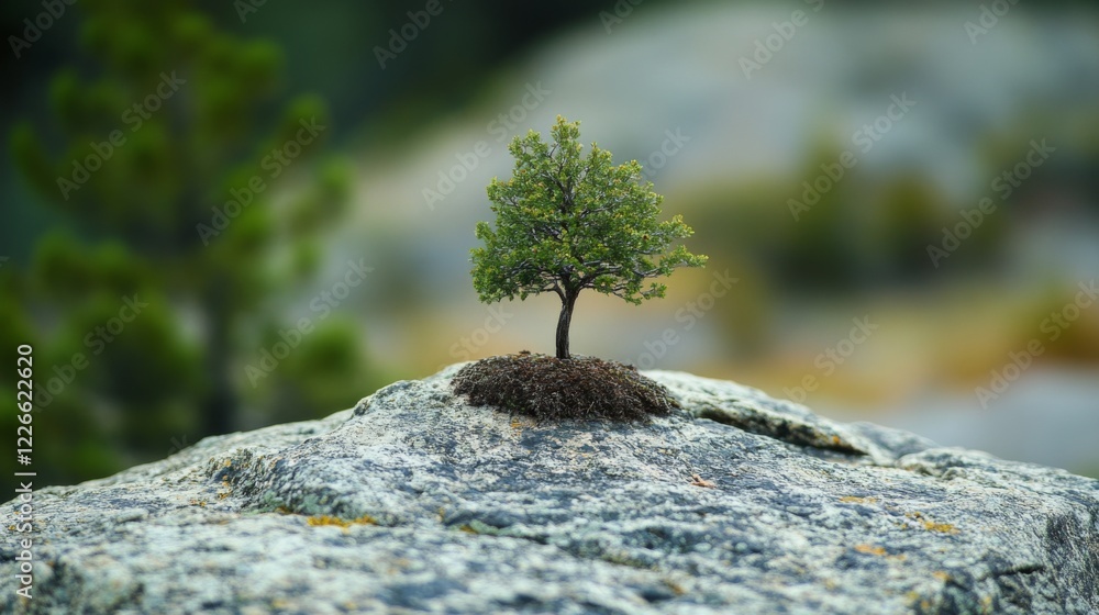 Poster a small tree emerging from a crack in a rock, symbolizing resilience and strength in nature.