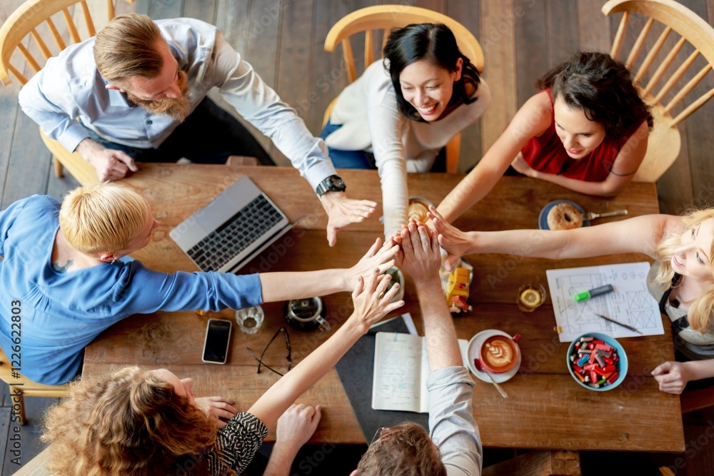 Aufkleber Diverse group of business people on meeting joining hands in teamwork. Diverse hands in unity. Teamwork and unity of diverse business team. Diverse people hands joining together, teamwork and unity