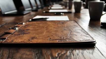 close up of handcrafted leather folder on conference table, showcasing intricate designs. setting is professional, with coffee cups and documents in background