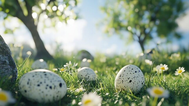 Colorful easter eggs on grassy hills