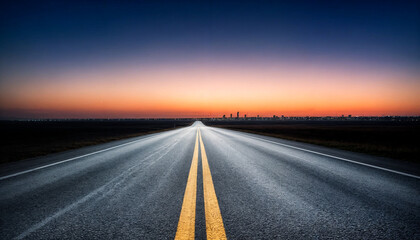 A mesmerizing open highway stretching into the horizon at twilight, with a glowing sunset sky and a tranquil atmosphere.