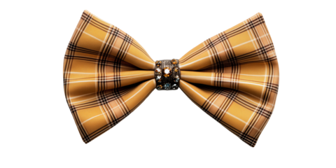 3D fall plaid pattern big bow tie with a gem, isolated, transparent background, png