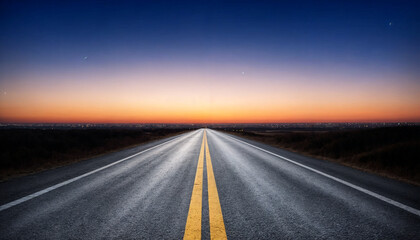 Naklejka premium A mesmerizing open highway stretching into the horizon at twilight, with a glowing sunset sky and a tranquil atmosphere.