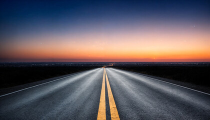 Naklejka premium A mesmerizing open highway stretching into the horizon at twilight, with a glowing sunset sky and a tranquil atmosphere.