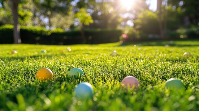 Colorful easter eggs on grassy hills