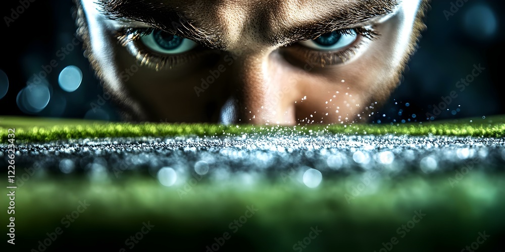 Poster a close-up of a person intensely focused on a surface, with sparkling particles illuminated around t