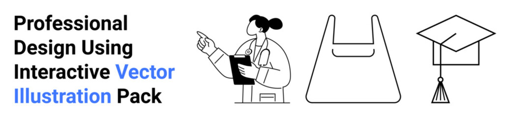Female doctor with clipboard pointing, shopping bag, and graduation cap representing healthcare, retail, and education. Ideal for healthcare, education, retail, learning sustainability commerce