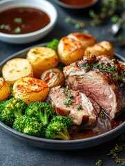 Roasted meat with potatoes and broccoli served on dark plate with gravy in bowls