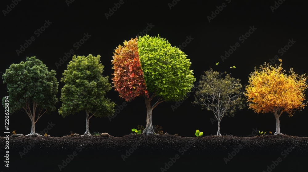 Poster A time-lapse-inspired image showing different growth stages of a tree from seed to maturity on a split-screen.